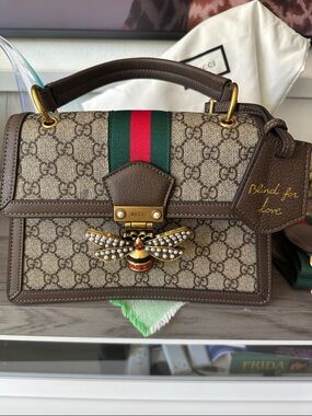 Gucci Beige GG Supreme Satchel with Brown Leather, Red-Green Web and Jeweled Bee